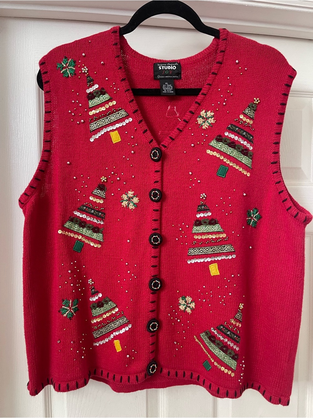 Studio Joy Vintage Christmas Tree Red Sweater Vest  XL Sequin Beaded